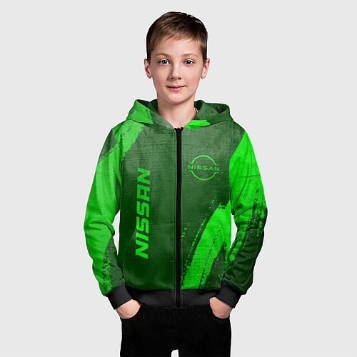 Детская толстовка на молнии Nissan - green gradient вертикально / 3D-Черный – фото 3