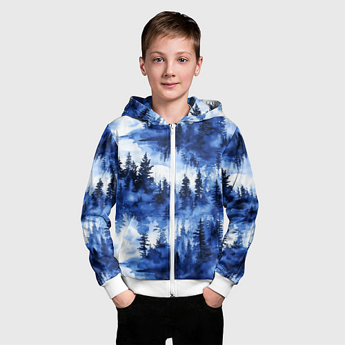Детская толстовка на молнии Силуэты деревьев и отражения - акварельный лесной / 3D-Белый – фото 3