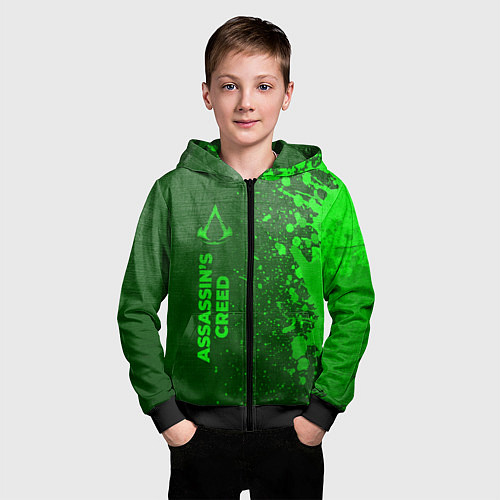 Детская толстовка на молнии Assassins Creed - green gradient по-вертикали / 3D-Черный – фото 3