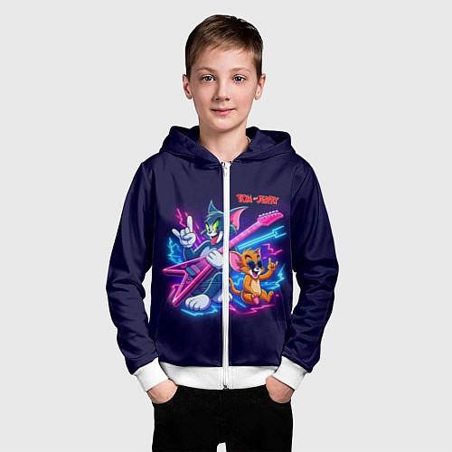 Детская толстовка на молнии Том и Джерри рок музыканты - неоновое свечение / 3D-Белый – фото 3