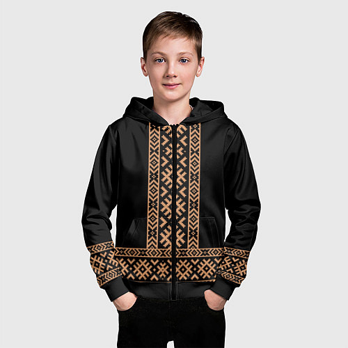 Детская толстовка на молнии Славянский золотой узор на черном - вышиванка руба / 3D-Черный – фото 3