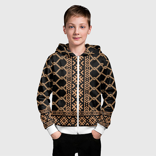 Детская толстовка на молнии Золотые узоры на черном с канатами - вышиванка руб / 3D-Белый – фото 3