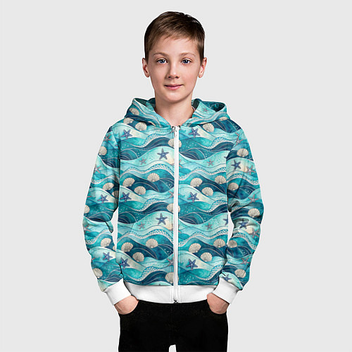 Детская толстовка на молнии Летний узор с ракушками и морскими звездами / 3D-Белый – фото 3