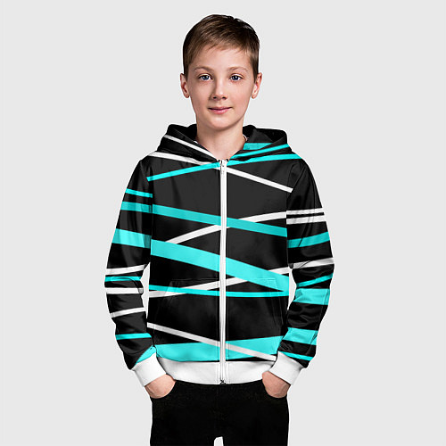 Детская толстовка на молнии Чёрный с бело-голубыми полосами / 3D-Белый – фото 3