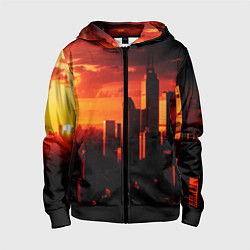 Толстовка на молнии детская Стилизованный город оранжевый закат, цвет: 3D-черный