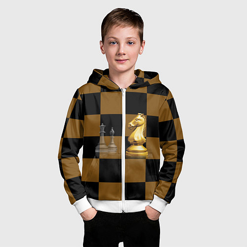 Детская толстовка на молнии Шахматные фигуры на коричнево-черной доске / 3D-Белый – фото 3