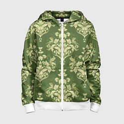 Толстовка на молнии детская Дамасский узор на оливковом фоне - растительный па, цвет: 3D-белый
