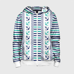 Толстовка на молнии детская Морской орнамент с якорями и полосками, цвет: 3D-белый