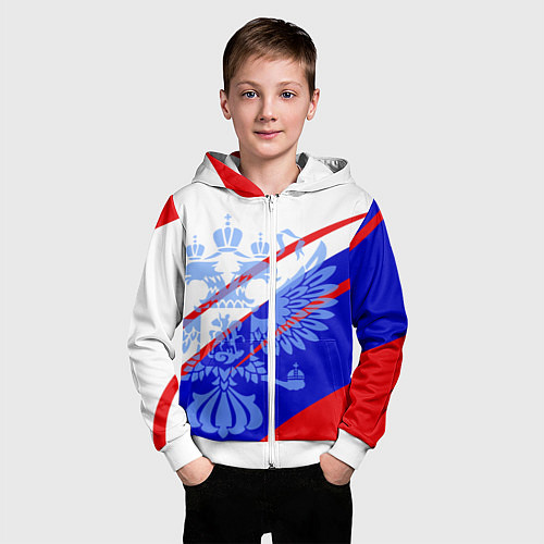 Детская толстовка на молнии Герб на фоне цветов флага бело-сине-красный / 3D-Белый – фото 3
