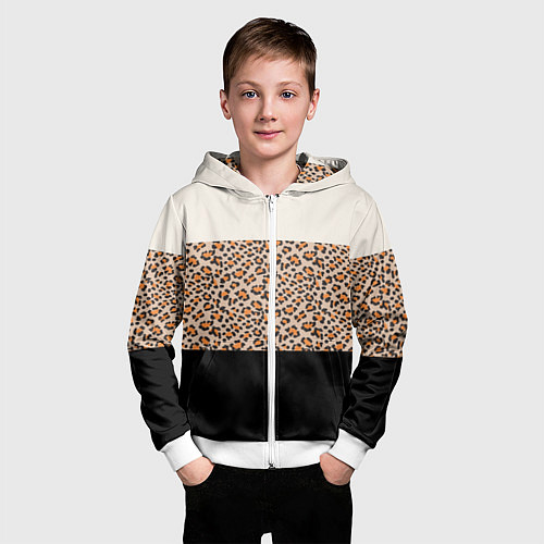 Детская толстовка на молнии Леопардовый паттерн с черной и бежевой полосой / 3D-Белый – фото 3