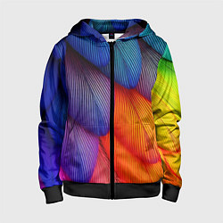 Толстовка на молнии детская Радужные перья попугая, цвет: 3D-черный