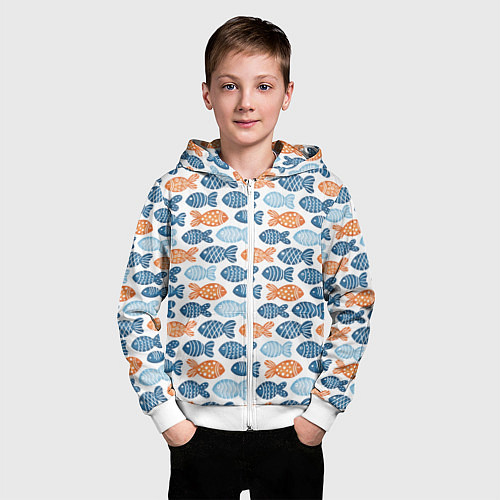 Детская толстовка на молнии Разноцветные рыбы на белом / 3D-Белый – фото 3