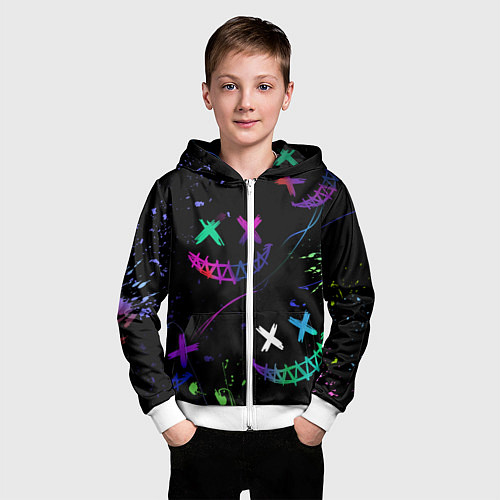 Детская толстовка на молнии Неновые краски - лица крипи смайл / 3D-Белый – фото 3