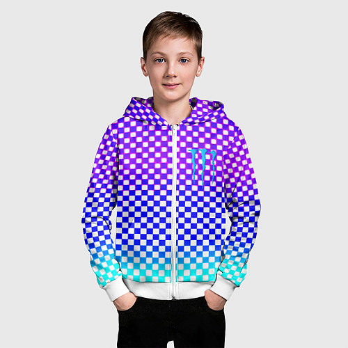 Детская толстовка на молнии Monster шахматная клетка градиент / 3D-Белый – фото 3