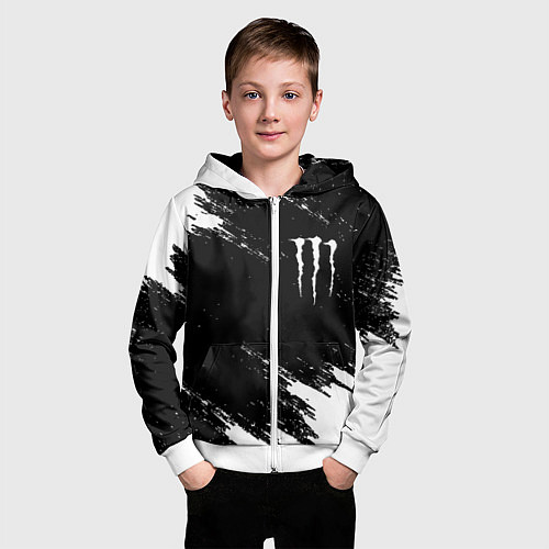 Детская толстовка на молнии Monster energy краски штрихи белые / 3D-Белый – фото 3