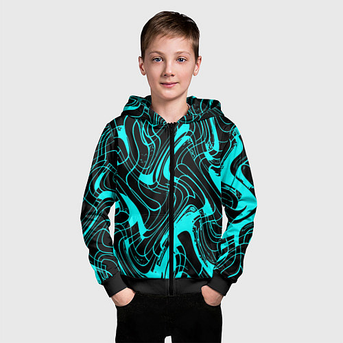 Детская толстовка на молнии Чёрно-голубой абстрактные линии / 3D-Черный – фото 3
