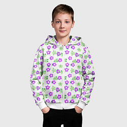 Толстовка на молнии детская Зеленые фиолетовые цветы на белом фоне, цвет: 3D-белый — фото 2