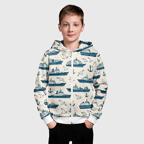 Детская толстовка на молнии Морской паттерн из чаек, якорей и кораблей / 3D-Белый – фото 3