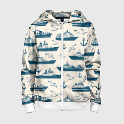Толстовка на молнии детская Морской паттерн из чаек, якорей и кораблей, цвет: 3D-белый
