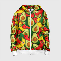 Толстовка на молнии детская Авокадо, бананы, перцы чили улыбаются - паттерн фр, цвет: 3D-белый