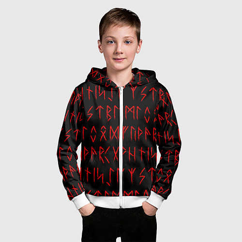 Детская толстовка на молнии Красные символы древних рун крупные - паттерн / 3D-Белый – фото 3