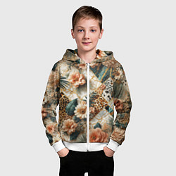 Толстовка на молнии детская Цветы на кусках мрамора и леопардовом узоре, цвет: 3D-белый — фото 2