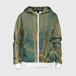 Толстовка на молнии детская Осенние деревья в тумане на зеленом фоне, цвет: 3D-белый