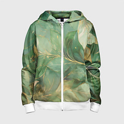 Толстовка на молнии детская Зеленые и золотые листья - паттерн, цвет: 3D-белый