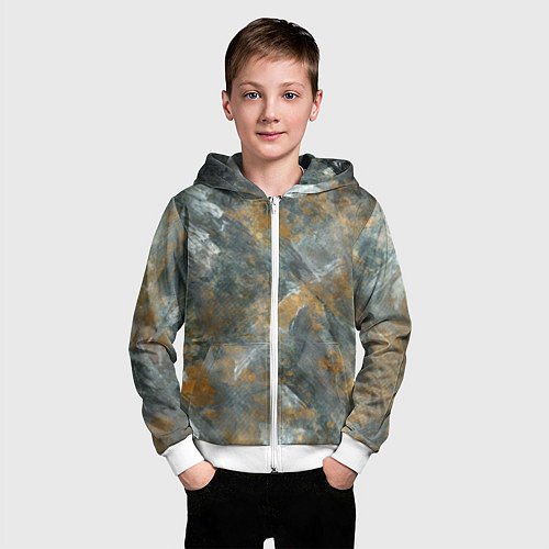 Детская толстовка на молнии Абстракция - strokes of gold paint on a gray backg / 3D-Белый – фото 3