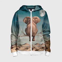 Толстовка на молнии детская Задумчивый слон: пустыня, цвет: 3D-белый