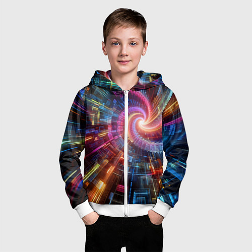 Детская толстовка на молнии Fractal neon spiral - ai art fantasy / 3D-Белый – фото 3