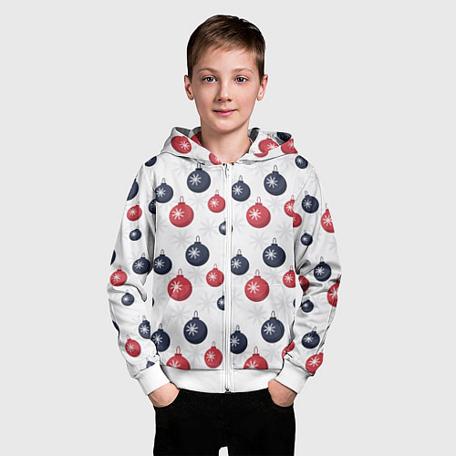 Детская толстовка на молнии Синие и красные новогодние шары со снежинками / 3D-Белый – фото 3