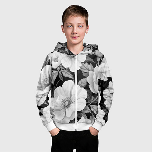 Детская толстовка на молнии Чёрно-серый цветочный паттерн / 3D-Белый – фото 3