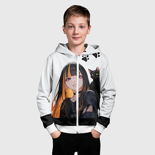 Детская толстовка на молнии Девушка и кот / 3D-Белый – фото 3