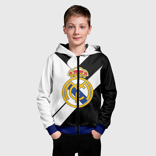 Детская толстовка на молнии Реал Мадрид черно белые полосы / 3D-Синий – фото 3
