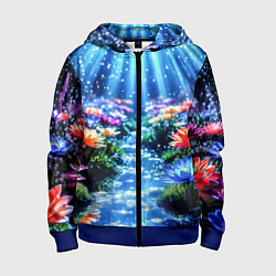 Толстовка на молнии детская Цветы на глубине освещённые лучами, цвет: 3D-синий