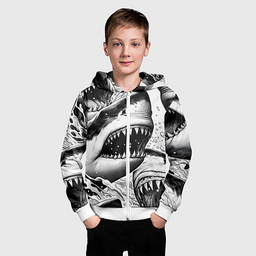 Детская толстовка на молнии Белая акула - стая / 3D-Белый – фото 3