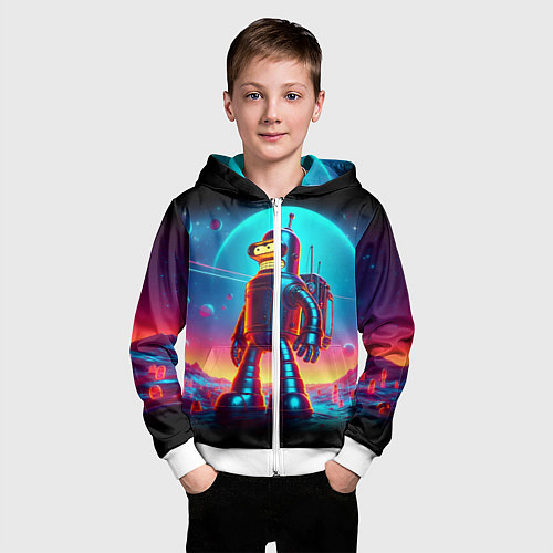 Детская толстовка на молнии Космонавт Бендер на неоновой планете / 3D-Белый – фото 3