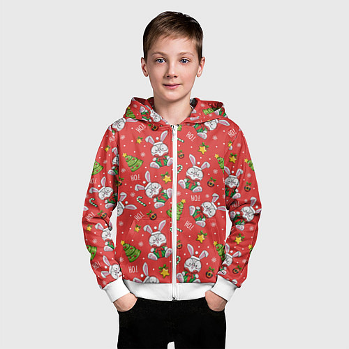 Детская толстовка на молнии Новогодний паттерн с зайчиком / 3D-Белый – фото 3
