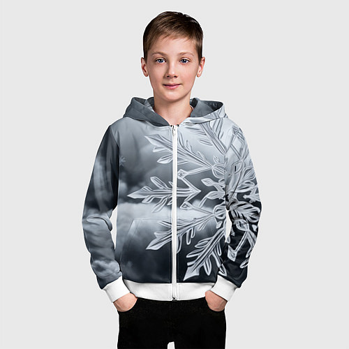 Детская толстовка на молнии Снежинка на черно белое / 3D-Белый – фото 3