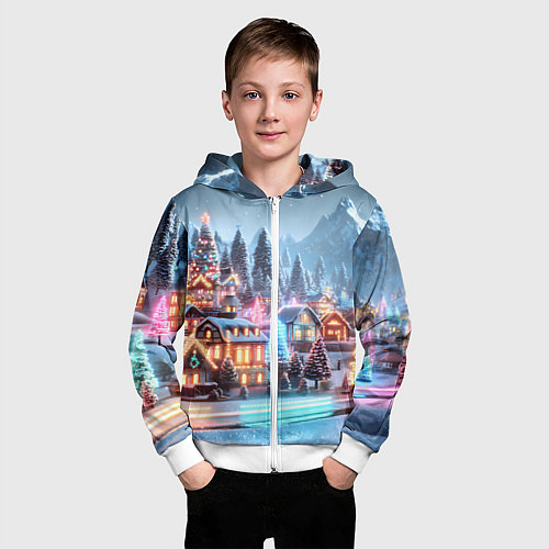Детская толстовка на молнии Городок в новогодних огоньках / 3D-Белый – фото 3