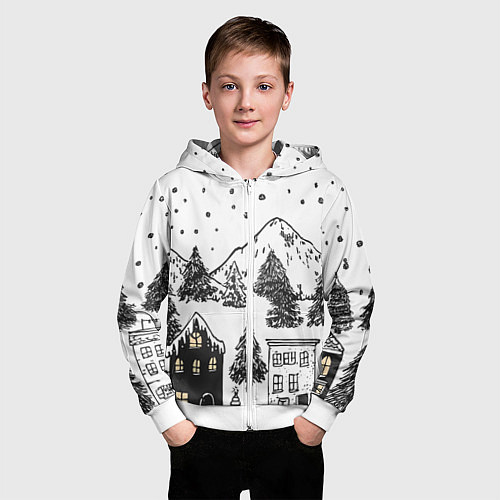 Детская толстовка на молнии Заснеженный черно-белый город / 3D-Белый – фото 3