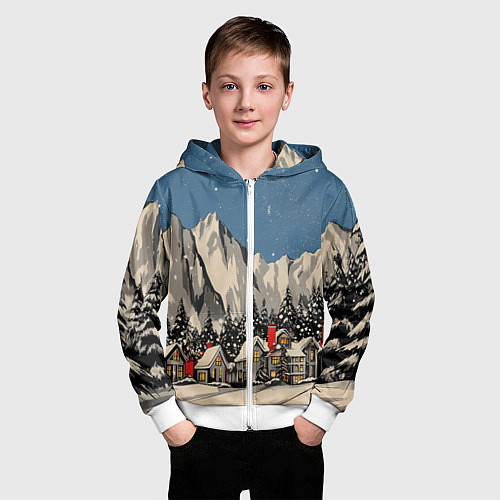 Детская толстовка на молнии Небольшой новогодний город в горах / 3D-Белый – фото 3