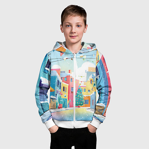 Детская толстовка на молнии Разноцветный новогодний дворик / 3D-Белый – фото 3