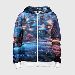 Толстовка на молнии детская Новогодний двор в блестках, цвет: 3D-белый