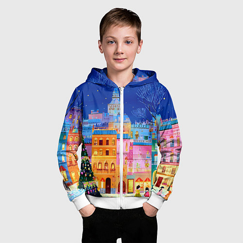 Детская толстовка на молнии Разноцветные новогодние домики / 3D-Белый – фото 3