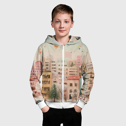 Детская толстовка на молнии Объемный новогодний город / 3D-Белый – фото 3