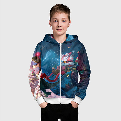 Детская толстовка на молнии Санта с динозавром / 3D-Белый – фото 3