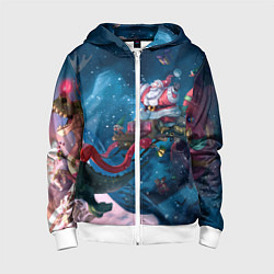 Толстовка на молнии детская Санта с динозавром, цвет: 3D-белый