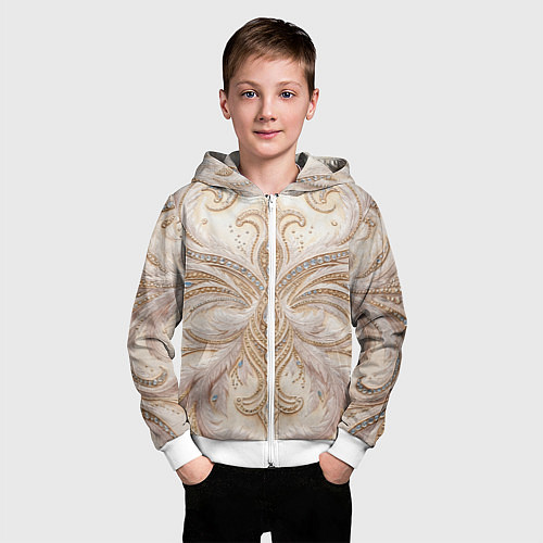 Детская толстовка на молнии Перламутровый орнамент с перьями / 3D-Белый – фото 3